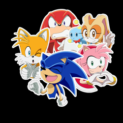 Size: 1000x1000 | Tagged: safe, artist:artsonx, amy rose, cheese (chao), cream the rabbit, knuckles the echidna, miles "tails" prower, chao, 2019, black background, eyes closed, frown, group, heart hands, laughing, looking at viewer, mouth open, neutral chao, outline, simple background, smile, sonic x, sonic x style