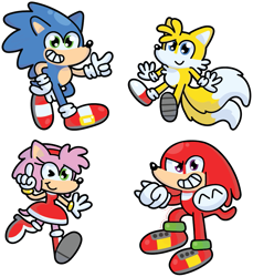 Size: 925x1011 | Tagged: safe, artist:diuky, amy rose, knuckles the echidna, miles "tails" prower, sonic the hedgehog, 2020, amybetes, clenched teeth, cute, group, knucklebetes, looking at viewer, looking offscreen, outline, pointing, simple background, smile, sonabetes, tailabetes, transparent background, wink