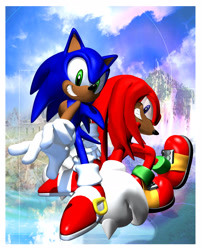 Size: 2048x2536 | Tagged: safe, artist:blackeditsgalore, editor:blackeditsgalore, knuckles the echidna, sonic the hedgehog, sonic adventure, 2025, 3d, abstract background, border, clenched teeth, duo, edit, looking at viewer, smile, smiling at viewer