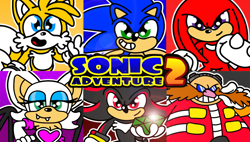 Size: 1270x720 | Tagged: safe, artist:diuky, knuckles the echidna, miles "tails" prower, robotnik, rouge the bat, shadow the hedgehog, sonic the hedgehog, human, sonic adventure 2, 2017, chaos emerald, cute, fangs, flat colors, group, knucklebetes, logo, looking at viewer, looking offscreen, outline, rougabetes, shadowbetes, smile, sonabetes, tailabetes, team sonic