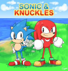 Size: 1024x1082 | Tagged: safe, artist:mr-sage, knuckles the echidna, sonic the hedgehog, 2018, abstract background, classic knuckles, classic sonic, clenched fists, clouds, daytime, duo, grass, looking at them, looking at viewer, outdoors, pointing, redraw, signature, smile, sonic and knuckles (1994), standing, title screen, wagging finger, water