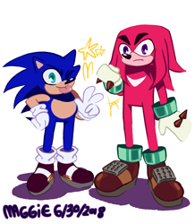 Size: 2048x2348 | Tagged: safe, artist:mushroom-cookie-bear, knuckles the echidna, sonic the hedgehog, 2018, clenched fist, duo, frown, hand on hip, looking at viewer, shadow (lighting), signature, simple background, smile, standing, star (symbol), tongue out, v sign, white background
