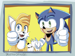 Size: 2732x2048 | Tagged: safe, artist:pokmanhia, miles "tails" prower, sonic the hedgehog, 2025, abstract background, double thumbs up, duo, fangs, looking at viewer, mouth open, open smile, signature, smile, smiling at viewer, standing, thumbs up