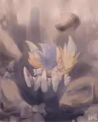 Size: 1289x1600 | Tagged: safe, artist:asty_asterisk, miles "tails" prower, sonic the hedgehog, fox, hedgehog, abstract background, duo, falling, hugging, male, rock