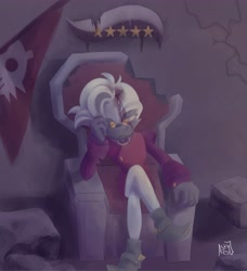 Size: 3257x3566 | Tagged: safe, artist:asty_asterisk, dr. starline, abstract background, bleeding, blood, bruise, debris, flag, glasses, injured, male, one eye closed, platypus, rock, solo, throne, torn clothes