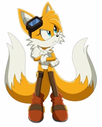 Size: 2000x2476 | Tagged: safe, artist:montyhedgehog, artist:montyth, miles "tails" prower, fox, angry, arms folded, female, gender swap, goggles, simple background, solo, stockings, white background
