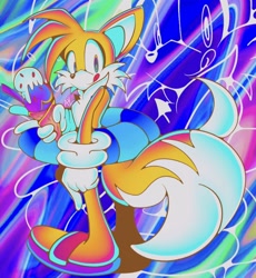 Size: 1668x1812 | Tagged: safe, artist:azul_yellow, miles "tails" prower, fox, 2021, abstract background, echo background, food, ice cream, ice cream cone, licking lips, looking at viewer, male, psychadelic, redraw, sandals, solo, style emulation, swimming tube, tongue out, v sign