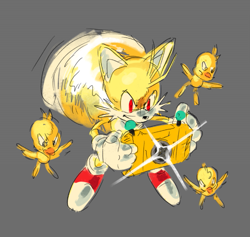 Size: 723x684 | Tagged: safe, artist:kornart3, flicky, miles "tails" prower, super tails, fox, 2025, flying, grey background, group, holding something, male, miles electric, simple background, solo, spinning tails, super flicky, super form, taking picture