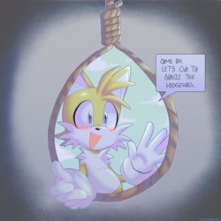 Size: 2048x2048 | Tagged: semi-grimdark, artist:5h0w1sh, miles "tails" prower, fox, 2024, blushing, clouds, dialogue, implied suicide, looking at viewer, male, noose, open mouth, solo, talking to viewer, text