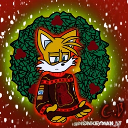 Size: 2048x2048 | Tagged: safe, artist:monkeyman_lt, miles "tails" prower, fox, 2024, christmas, christmas sweater, crossover, holly, male, silent hill, silent hill 2, solo, ugly sweater, unamused, wreath
