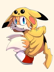 Size: 1536x2048 | Tagged: safe, artist:nutty__fox, miles "tails" prower, fox, 2024, costume, crossover, kigurumi, looking at viewer, male, onesie, pikachu, pokemon, simple background, solo, white background
