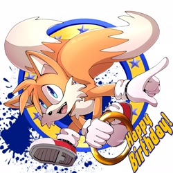 Size: 2048x2048 | Tagged: safe, artist:nutty__fox, miles "tails" prower, fox, 2024, anniversary, flying, holding something, looking at viewer, male, open mouth, paint splatter, ring, simple background, solo, text, title screen, white background
