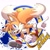 Size: 2048x2048 | Tagged: safe, artist:nutty__fox, miles "tails" prower, fox, 2024, anniversary, flying, holding something, looking at viewer, male, open mouth, paint splatter, ring, simple background, solo, text, title screen, white background