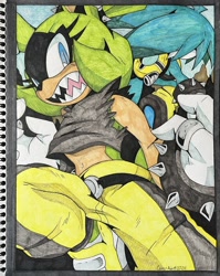 Size: 1632x2048 | Tagged: safe, artist:skerchdrawer, kit the fennec, surge the tenrec, fox, tenrec, 2024, duo, ear piercing, exposed tummy, female, fennec, idw, male, spiked bracelet, traditional media