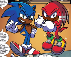 Size: 833x672 | Tagged: safe, editor:hydrocities-left, knuckles the echidna, sonic the hedgehog, 2019, abstract background, black edit, dialogue, duo, edit, english text, frown, idw, looking at viewer, smile, speech bubble, text