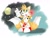 Size: 2048x1561 | Tagged: safe, artist:basilo_tyrannus, miles "tails" prower, tails doll, fox, 2025, cute, doll, duo, fangs, grass, holding something, male, moon, nighttime, open mouth, robot, star (sky), stargazing
