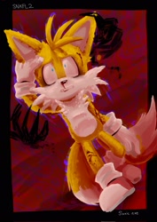 Size: 1448x2048 | Tagged: safe, artist:snkfl2, miles "tails" prower, oc, oc:sonic.exe, fox, 2025, bleeding, blood, duo, male, nosebleed, shrunken pupils, text