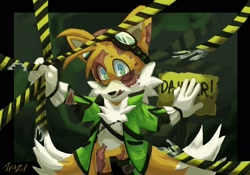 Size: 2000x1400 | Tagged: safe, artist:snkfl2, miles "tails" prower, fox, 2023, caution tape, coat, danger sign, gas mask, goggles, injury, jacket, male, mask, radiation, radiation poisoning, solo, text, tongue out