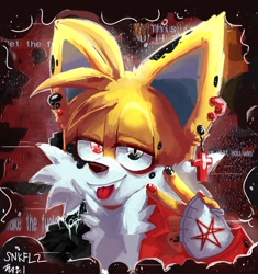 Size: 1500x1594 | Tagged: safe, artist:snkfl2, miles "tails" prower, fox, 2024, abstract background, cross, devil horns (gesture), ear piercing, fingerless gloves, goth, heterochromia, male, painted fingernails, solo, text, tongue out, wristband