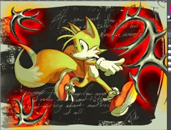 Size: 2048x1560 | Tagged: safe, artist:pokersmtng, miles "tails" prower, fox, 2025, abstract background, alternate shoes, male, open mouth, pointing, solo, text, writing, y2k