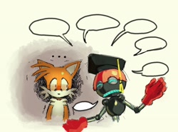 Size: 2048x1518 | Tagged: safe, artist:pokersmtng, miles "tails" prower, orbot, fox, ..., 2025, duo, graduation hat, looking at them, male, mouthless, open mouth, red pupils, robot, shrunken pupils, simple background, speech bubble, tailstube, talking, white background
