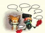 Size: 2048x1518 | Tagged: safe, artist:pokersmtng, miles "tails" prower, orbot, fox, ..., 2025, duo, graduation hat, looking at them, male, mouthless, open mouth, red pupils, robot, shrunken pupils, simple background, speech bubble, tailstube, talking, white background