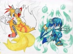 Size: 3330x2490 | Tagged: safe, artist:lebluenooki, kit the fennec, miles "tails" prower, fox, 2023, alternate outfit, alternate universe, back to back, body marking, bubbles, claws, duo, extra tail, fennec, fur markings, hydrokinesis, kitsune, male, moon, moon medal, paws, sandals, sketch, sun, sun medal, tattoo, traditional media, water, white background