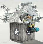 Size: 878x910 | Tagged: safe, artist:fentonxd, silver the hedgehog, hedgehog, green hill zone, 2025, 3d, boots, clenched fist, crate, flower, grass, legs crossed, looking at viewer, loop, male, palm tree, plant, psychocuff, sitting, sitting on object, smile, solo, sonic generations, stone totem, sunflower, totem pole, tree, water, waterfall, white space