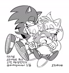 Size: 1200x1285 | Tagged: safe, artist:shinhogoesreal, miles "tails" prower, sonic the hedgehog, 2017, classic sonic, classic tails, cute, eyes closed, greyscale, group, korean text, lying down, monochrome, self paradox, shipping, simple background, sleeping, sonabetes, sonic x tails, tailabetes, white background