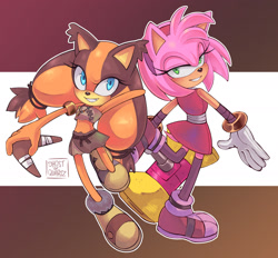 Size: 2000x1852 | Tagged: safe, artist:ghostofquartz, amy rose, sticks the badger, 2025, abstract background, boomerang, clenched teeth, duo, hand behind head, lidded eyes, looking at viewer, outline, piko piko hammer, signature, smile, sonic boom (tv), standing