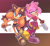 Size: 2000x1852 | Tagged: safe, artist:ghostofquartz, amy rose, sticks the badger, 2025, abstract background, boomerang, clenched teeth, duo, grin, hand behind head, lidded eyes, looking at viewer, outline, piko piko hammer, signature, smile, smiling at viewer, sonic boom (tv), standing, white outline