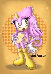 Size: 1080x1552 | Tagged: safe, artist:nonicpower, 2023, abstract background, cute, hand on hip, liza the chameleon, lizabetes, looking at viewer, outline, signature, smile, solo
