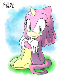 Size: 1284x1617 | Tagged: safe, artist:ultrasilver17, 2020, abstract background, blushing, grass, liza the chameleon, looking at viewer, signature, sitting, smile, solo