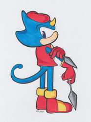 Size: 1280x1720 | Tagged: safe, artist:mightyray, 2024, from behind, frown, holding something, kunai knife, looking at viewer, looking back, looking back at viewer, looking over shoulder, signature, simple background, solo, standing, traditional media, valdez the chameleon