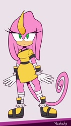 Size: 721x1280 | Tagged: safe, artist:vvelocity, 2021, chameleon, clothes, flat colors, frown, grey background, liza the chameleon, looking offscreen, redesign, signature, simple background, solo