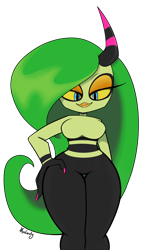 Size: 1300x2001 | Tagged: safe, artist:vvelocity, zeena, zeti, 2021, lidded eyes, looking offscreen, signature, simple background, smile, solo, standing, transparent background, yellow sclera