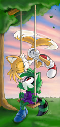 Size: 992x2102 | Tagged: safe, artist:chibi-jen-hen, miles "tails" prower, oc, oc:ruby the racoon, fox, raccoon, 2009, abstract background, duo, flying, grass, holding something, leaf, lidded eyes, looking at each other, mouth open, outdoors, sitting, smile, spinning tails, sunset, swing, tree