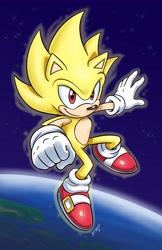 Size: 3300x5100 | Tagged: safe, artist:chibi-jen-hen, sonic the hedgehog, super sonic, 2018, abstract background, clenched fist, earth, flying, looking at viewer, mid-air, planet, signature, smile, solo, space, super form