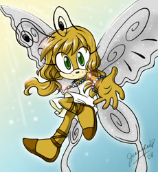 Size: 800x868 | Tagged: safe, artist:chibi-jen-hen, oc, oc:amber the butterfly, 2008, bracelet, butterfly, clothes, dress, flying, gradient background, hand out, jewelry, looking at viewer, mid-air, necklace, oc only, reaching towards the viewer, signature, smile, solo