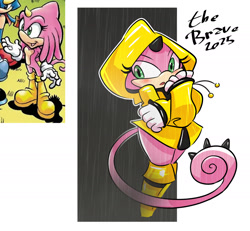 Size: 1996x1846 | Tagged: safe, artist:thebrave, lizard, 2025, abstract background, chameleon, liza the chameleon, rain, raincoat, reference inset, signature, solo, standing