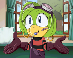 Size: 1000x800 | Tagged: safe, artist:xcustardopossumx, tekno the canary, 2021, edit, edited screencap, fake screenshot, goggles, goggles on head, lollipop, looking offscreen, mouth open, open smile, overalls, screenshot background, shrugging, smile, solo, sonic x, sonic x style, standing