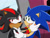 Size: 1000x750 | Tagged: safe, artist:xcustardopossumx, shadow the hedgehog, sonic the hedgehog, sonic x, 2021, blushing, duo, edit, edited screencap, fake screenshot, gay, holding each other, screenshot background, shadow x sonic, shipping, show accurate, smile, sonic x style, style emulation, tan skin