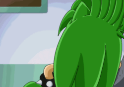 Size: 640x448 | Tagged: safe, artist:recolouradventures, hedgehog, 2015, animated, edit, gif, lidded eyes, manic the hedgehog, screenshot background, smile, smirk, smug, solo, sonic x, sonic x style, turning around