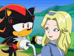 Size: 640x480 | Tagged: safe, artist:recolouradventures, maria robotnik, shadow the hedgehog, human, 2014, disabled, duo, edit, edited screencap, fake screenshot, holding something, lidded eyes, looking at each other, mouth open, open smile, screenshot background, smile, smiling at each other, sonic x, sonic x style, wheelchair