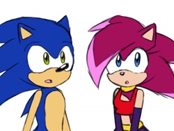 Size: 1024x768 | Tagged: safe, artist:milkshakefairy, sonia the hedgehog, sonic the hedgehog, 2021, brother and sister, duo, flat colors, looking at viewer, looking offscreen, mouth open, siblings, simple background, white background