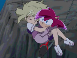 Size: 640x480 | Tagged: safe, artist:milkshakefairy, editor:milkshakefairy, sonia the hedgehog, human, 2021, carrying them, cliff, duo, edit, edited screencap, fake screenshot, frown, helen, sonic x, sonic x style