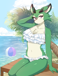 Size: 1684x2188 | Tagged: safe, artist:shirasiyuki, clove the pronghorn, ball, beach ball, bikini, daytime, outdoors, palm tree, sitting, solo, water