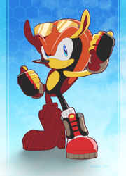 Size: 560x778 | Tagged: safe, artist:sendoki, mighty the armadillo, 2016, boots, double thumbs up, eyewear on head, fingerless gloves, gradient background, looking at viewer, riders style, smile, smiling at viewer, solo, sonic riders, standing, sunglasses, thumbs up