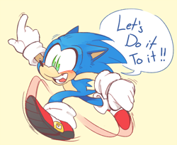 Size: 800x654 | Tagged: safe, artist:8xenon8, artist:shadails, sonic the hedgehog, 2015, blushing, clenched fist, cream background, dialogue, english text, looking ahead, looking offscreen, mouth open, one fang, open smile, pointing, running, simple background, smile, solo, speech bubble, talking, text, yellow background