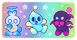 Size: 900x475 | Tagged: safe, artist:bonbonbox, chao, 2021, abstract background, border, cute, dark chao, hero chao, mouth open, neutral chao, outline, smile, star (symbol), trio